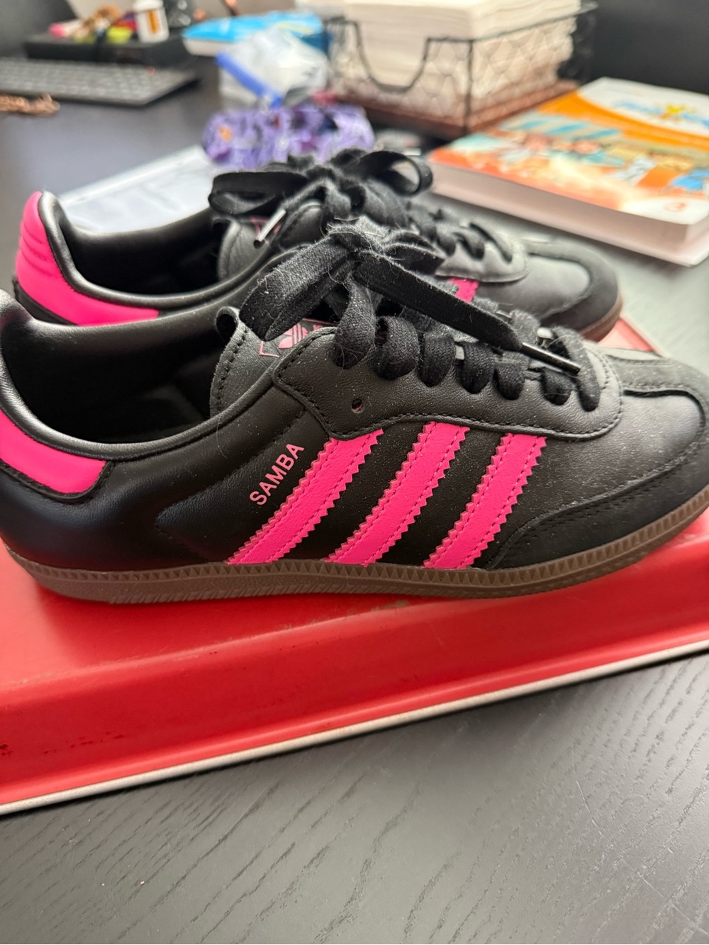 adidas womens’ Samba Sneakers - Black with Pink Stripes